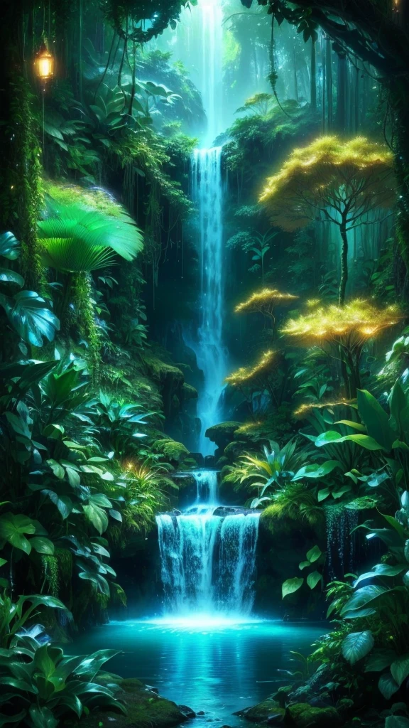 a waterfall in a forest with a waterfall in the middle, fantasy magical vegetation, fantasy jungle, 4k highly detailed digital art, 4k fantasy art, detailed fantasy digital art, deep jungle from another world, magical forest backround, forest and waterfall, beautiful art uhd 4 k, 8k high quality detailed art, 4k detailed digital art, beautiful jungle