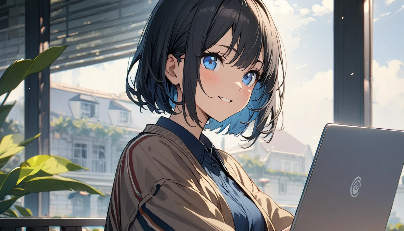 (1girl in),(beautiful blue eyes finely detailed、Face to detail、masterpiece sidelighting、masterpiece、top-quality、detaileds、High resolution illustration),Woman using laptop on the open terrace of a fashionable café、18year old、OL、Everyday clothes、A smile、frontage、The upper part of the body、black hair、Short bob hair、The upper part of the body、