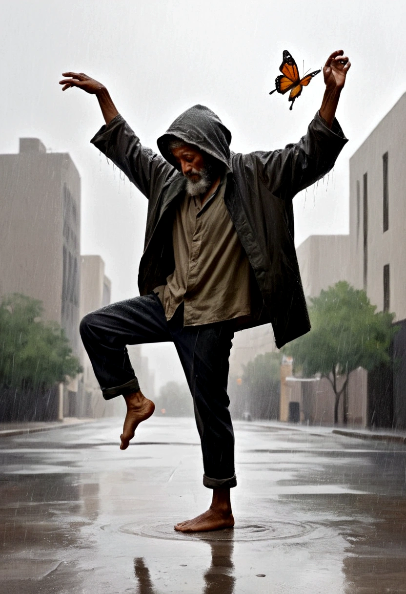A homeless man dancing alone in the rain, souls,Barefoot,Loose and worn clothes,Professional ballet movements,Fingertips 1 butterfly,Very contagious,Splash,Light and Shadow,Minimalism,artistic conception,Clean background