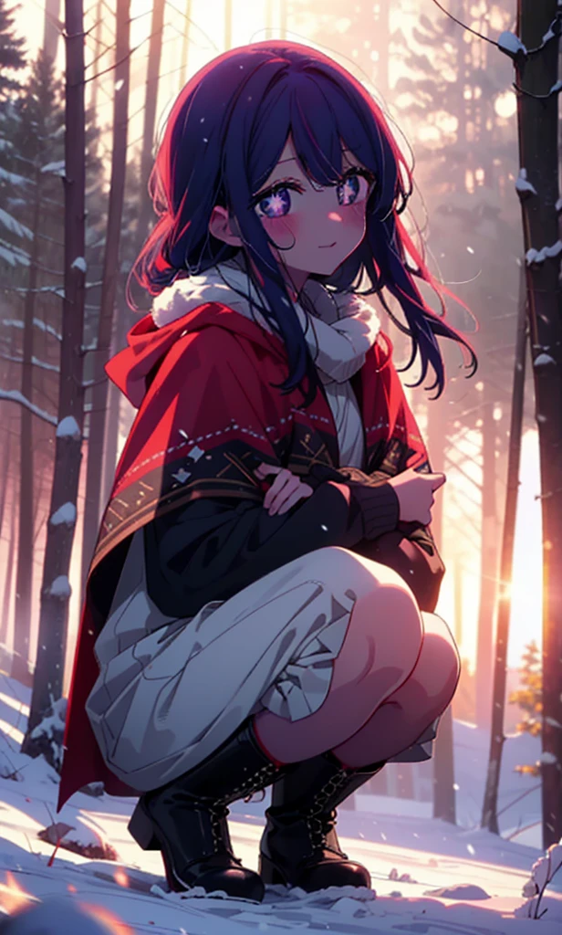 aihoshino, Ai Hoshino, Long Hair, bangs, (Purple eyes:1.1), Purple Hair, (Symbol-shaped pupil:1.5), smile,,smile,blush,White Breath,
Open your mouth,snow,Ground bonfire, Outdoor, boots, snowing, From the side, wood, suitcase, Cape, Blurred, , forest, White handbag, nature, Squat, Mouth closed, Cape, winter, Written boundary depth, Black shoes, red Cape break looking at viewer, Upper Body, whole body, break Outdoor, forest, nature, break (masterpiece:1.2), Highest quality, High resolution, unity 8k wallpaper, (shape:0.8), (Beautiful and beautiful eyes:1.6), Highly detailed face, Perfect lighting, Extremely detailed CG, (Perfect hands, Perfect Anatomy),