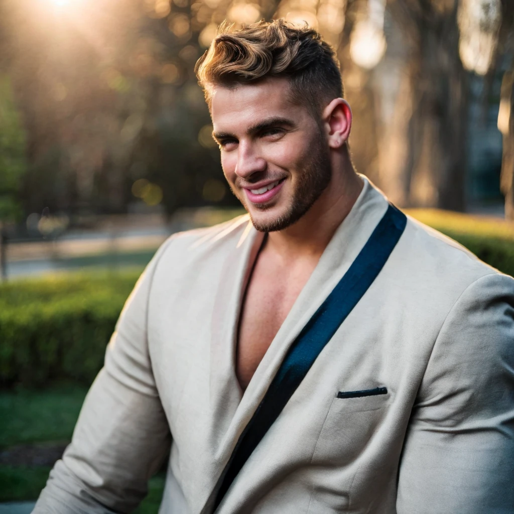 a handsome man in his 20s-30s, in a park, undercut hairstyle, ash-brown hair, cocky smirk, subtle stubble, beautiful natural lighting, (best quality,4k,8k, highres, masterpiece:1.2), ultra-detailed, (realistic, photorealistic, photo-realistic:1.37), HDR, UHD, studio lighting, sharp focus, extreme detail description, professional photography, vivid colors, bokeh,
