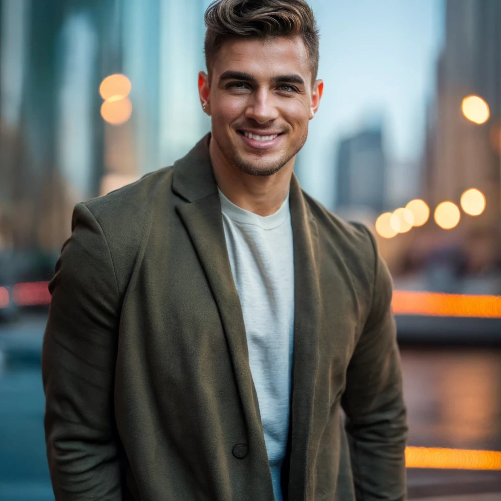 a handsome man in his 20s-30s, in a park, undercut hairstyle, ash-brown hair, cocky smirk, subtle stubble, beautiful natural lighting, (best quality,4k,8k, highres, masterpiece:1.2), ultra-detailed, (realistic, photorealistic, photo-realistic:1.37), HDR, UHD, studio lighting, sharp focus, extreme detail description, professional photography, vivid colors, bokeh,