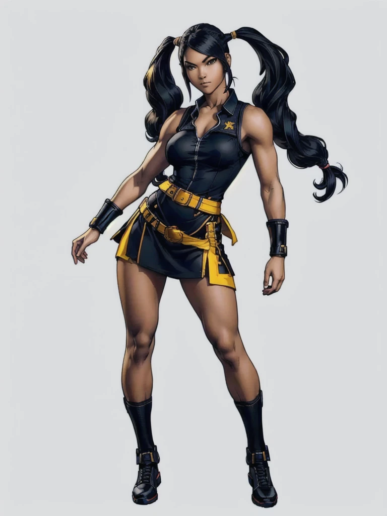 ((best quality)), ((4k)), ((highres)), ((masterpiece:1.2)). ((detailed)), ((ultra realistic)), ((intricate details)), ((full body picture)), ((character design sheet)), ((blank background)), ((standing in a blank background)), full body shot of a beautiful black female, ebony beauty, woman, 18 years old girl, dark brown skin, about 5'5 ft. tall, smirk on her face, ((smirking)), long curly black hair, ((long curly hair)), long hair, high pigtails, (((high pigtails)), dressed in a yellow sleeveless babydoll dress, ((EMPHASIS ON HER YELLOW SLEEVELESS BABYDOLL DRESS)), black leather belt on her waist, bare legs, yellow school girl HIGH SOCKS AND school girl BLACK SHOES, fighting game character design, tekken character design, the king of fighters character concept art, character concept art, full body, 18 years old female fighter, girly girl, cute girl, girly fighter character concept art