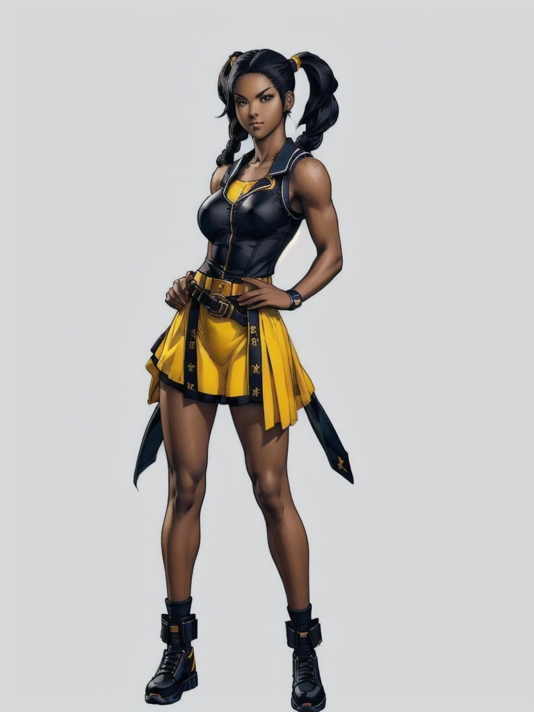 ((best quality)), ((4k)), ((highres)), ((masterpiece:1.2)). ((detailed)), ((ultra realistic)), ((intricate details)), ((full body picture)), ((character design sheet)), ((blank background)), ((standing in a blank background)), full body shot of a beautiful black female, ebony beauty, woman, 18 years old girl, dark brown skin, about 5'5 ft. tall, smirk on her face, ((smirking)), long curly black hair, ((long curly hair)), long hair, high pigtails, (((high pigtails)), dressed in a yellow sleeveless babydoll dress, ((EMPHASIS ON HER YELLOW SLEEVELESS BABYDOLL DRESS)), black leather belt on her waist, bare legs, yellow school girl HIGH SOCKS AND school girl BLACK SHOES, fighting game character design, tekken character design, the king of fighters character concept art, character concept art, full body, 18 years old female fighter, girly girl, cute girl, girly fighter character concept art