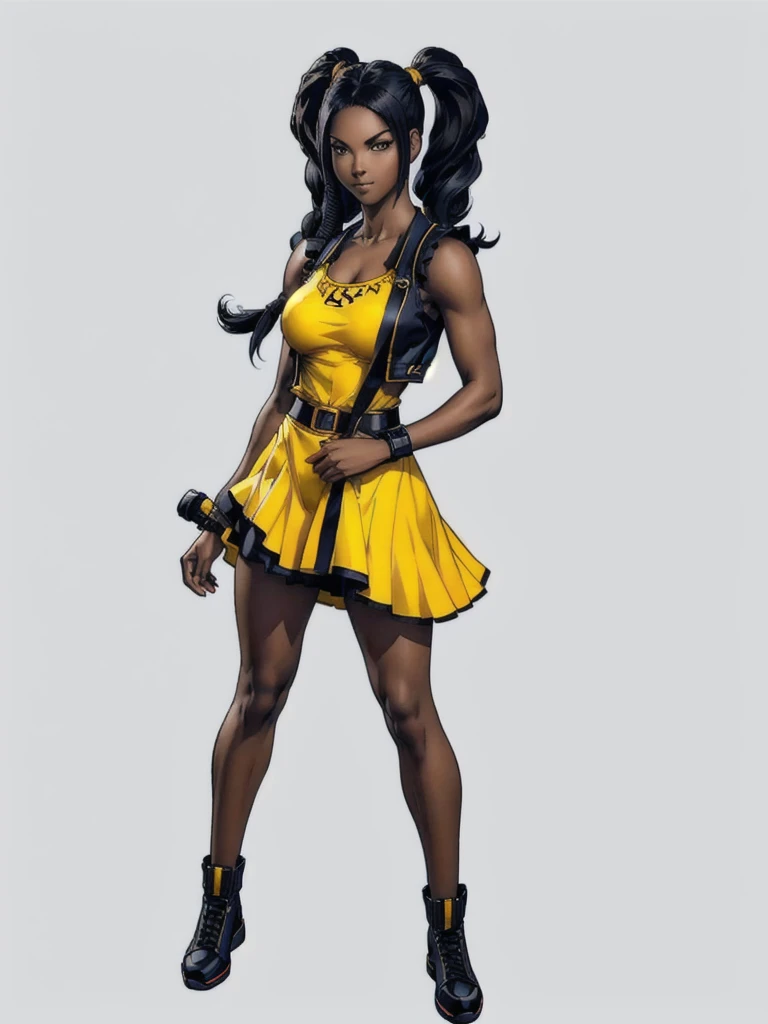 ((best quality)), ((4k)), ((highres)), ((masterpiece:1.2)). ((detailed)), ((ultra realistic)), ((intricate details)), ((full body picture)), ((character design sheet)), ((blank background)), ((standing in a blank background)), full body shot of a beautiful black female, ebony beauty, woman, 18 years old girl, dark brown skin, about 5'5 ft. tall, smirk on her face, ((smirking)), long curly black hair, ((long curly hair)), long hair, high pigtails, (((high pigtails)), dressed in a yellow sleeveless babydoll dress, ((EMPHASIS ON HER YELLOW SLEEVELESS BABYDOLL DRESS)), black leather belt on her waist, bare legs, yellow school girl HIGH SOCKS AND school girl BLACK SHOES, fighting game character design, tekken character design, the king of fighters character concept art, character concept art, full body, 18 years old female fighter, girly girl, cute girl, girly fighter character concept art