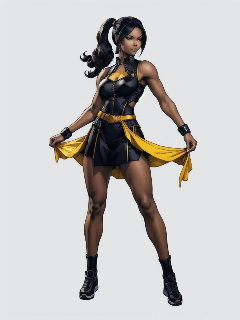 ((best quality)), ((4k)), ((highres)), ((masterpiece:1.2)). ((detailed)), ((ultra realistic)), ((intricate details)), ((full body picture)), ((character design sheet)), ((blank background)), ((standing in a blank background)), full body shot of a beautiful black female, ebony beauty, woman, 18 years old girl, dark brown skin, about 5'5 ft. tall, smirk on her face, ((smirking)), long curly black hair, ((long curly hair)), long hair, high pigtails, (((high pigtails)), dressed in a yellow sleeveless babydoll dress, ((EMPHASIS ON HER YELLOW SLEEVELESS BABYDOLL DRESS)), black leather belt on her waist, bare legs, yellow school girl HIGH SOCKS AND school girl BLACK SHOES, fighting game character design, tekken character design, the king of fighters character concept art, character concept art, full body, 18 years old female fighter, girly girl, cute girl, girly fighter character concept art