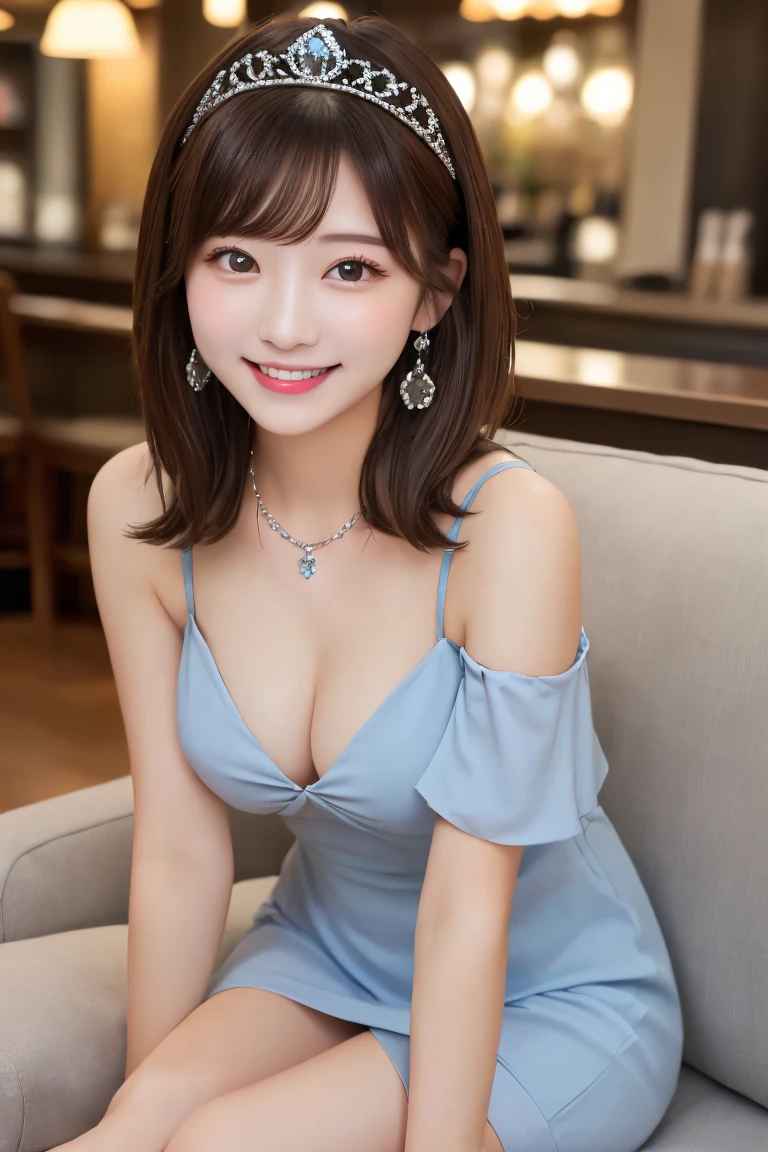 Highest quality, (beautiful)、A light blue mini dress with shoulder straps、Larger breasts、Brown Hair、looking at the camera、Sit on the sofa、Close-up、smile、pub、tiara、necklace、Earrings、Holding a glass in your hand、night