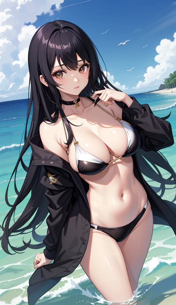 18 year old beautiful girl、shiny black hair、Hime cut、J-cup huge breasts、172cm tall、Long legs、Gravure idol、bikini、Sandy Beach、Blue sky