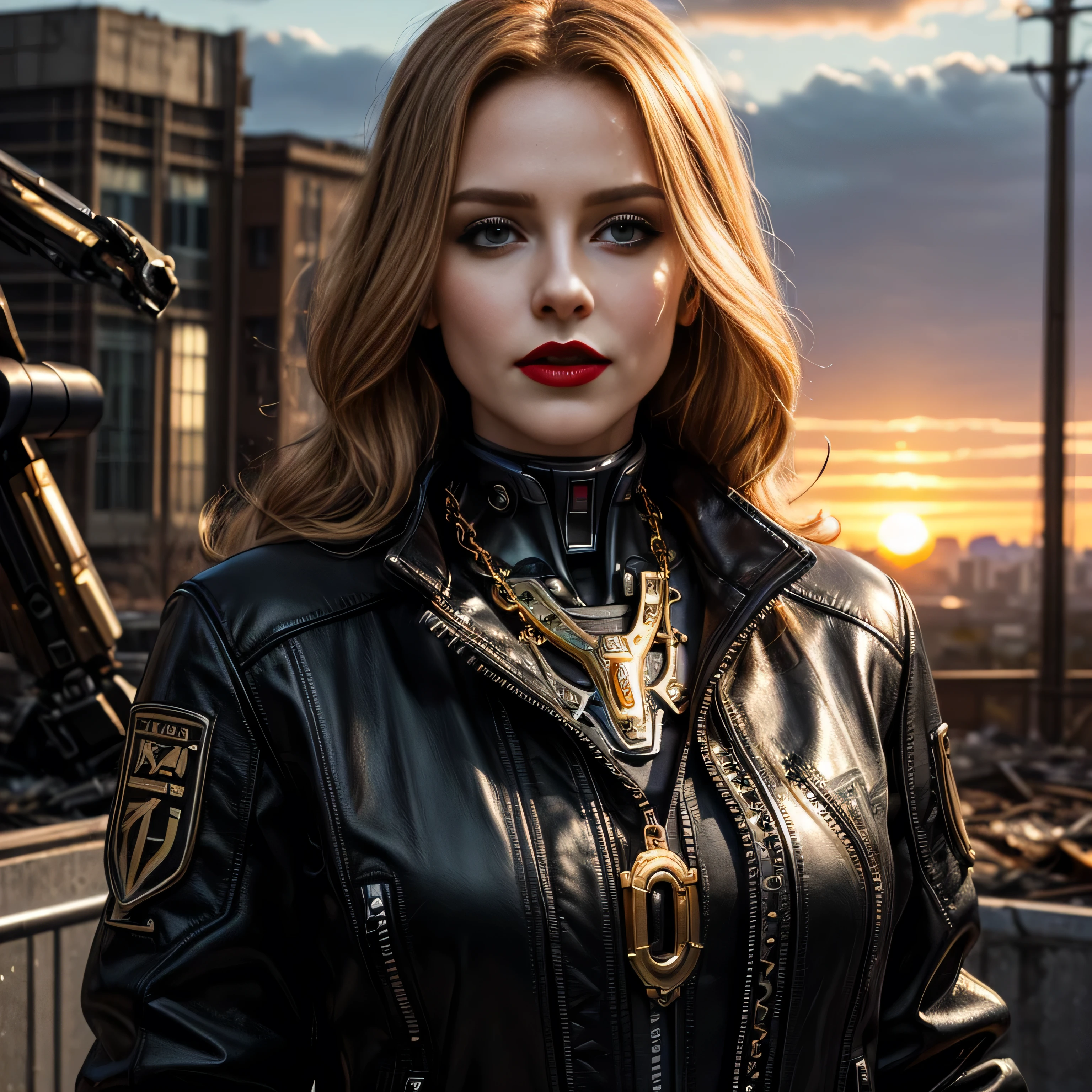 ((masterpiece, photorealistic:1.4, extremely intricate:1.3, photon mapping, radiosity, physically based rendering, ultra resolution, hyper-realistic, photorealistic:1.4, hyper-realistic, 8K)), (((athletic female assassin, long curly [blonde hair:bright ginger hair:0.4], (([flat chest:medium breasts:0.8])), upper body, ((makeup:1.6, perfectchainmail, gold clockwork, black jacket), red lips, bright sunlight, sunset, tattoo:1.4, silk shirt)))), outdoors, metal reflections, ((((futuristic apocalyptic city destroyed, background black mecha robot battlemech)))), professional photograph, soft focus, dramatic, award winning, cinematic lighting, volumetrics dtx, (film grain, blurry background, blurry foreground, bokeh, depth of field), 8K
