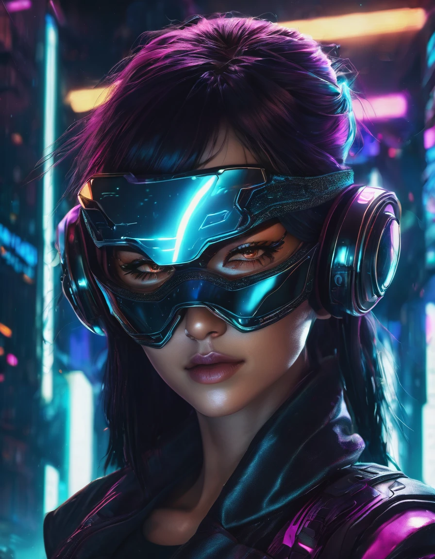 woman wearing eye mask, cyberpunk highly detailed, beautiful body, hyper detailed face, space background, studio lighting

