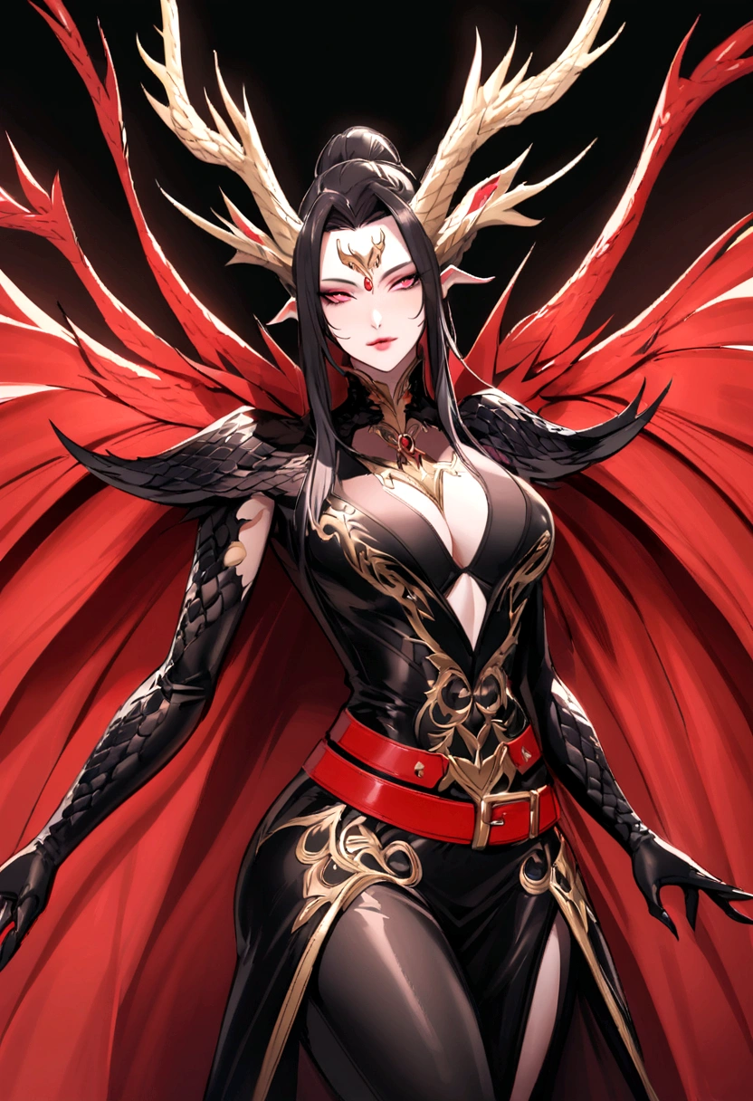 Half-human, half-dragon character inspired by Lady Dragon, wearing a black leather outfit with red belt, elegant and majestic, combining feminine features with dragon characteristics, detailed design, unique appearance