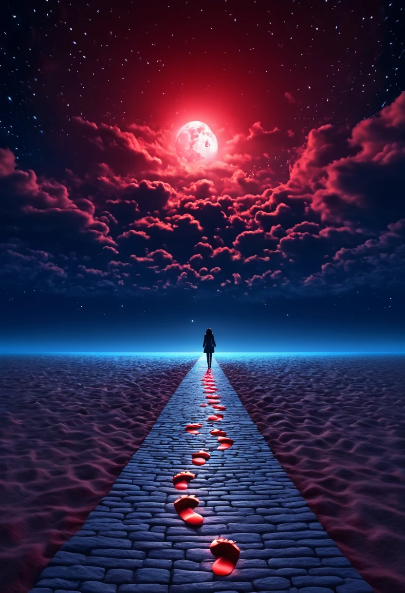 night sky, star, hope, beauty, Feet are moonlight, 3d, background, light red clouds, the way to the sky