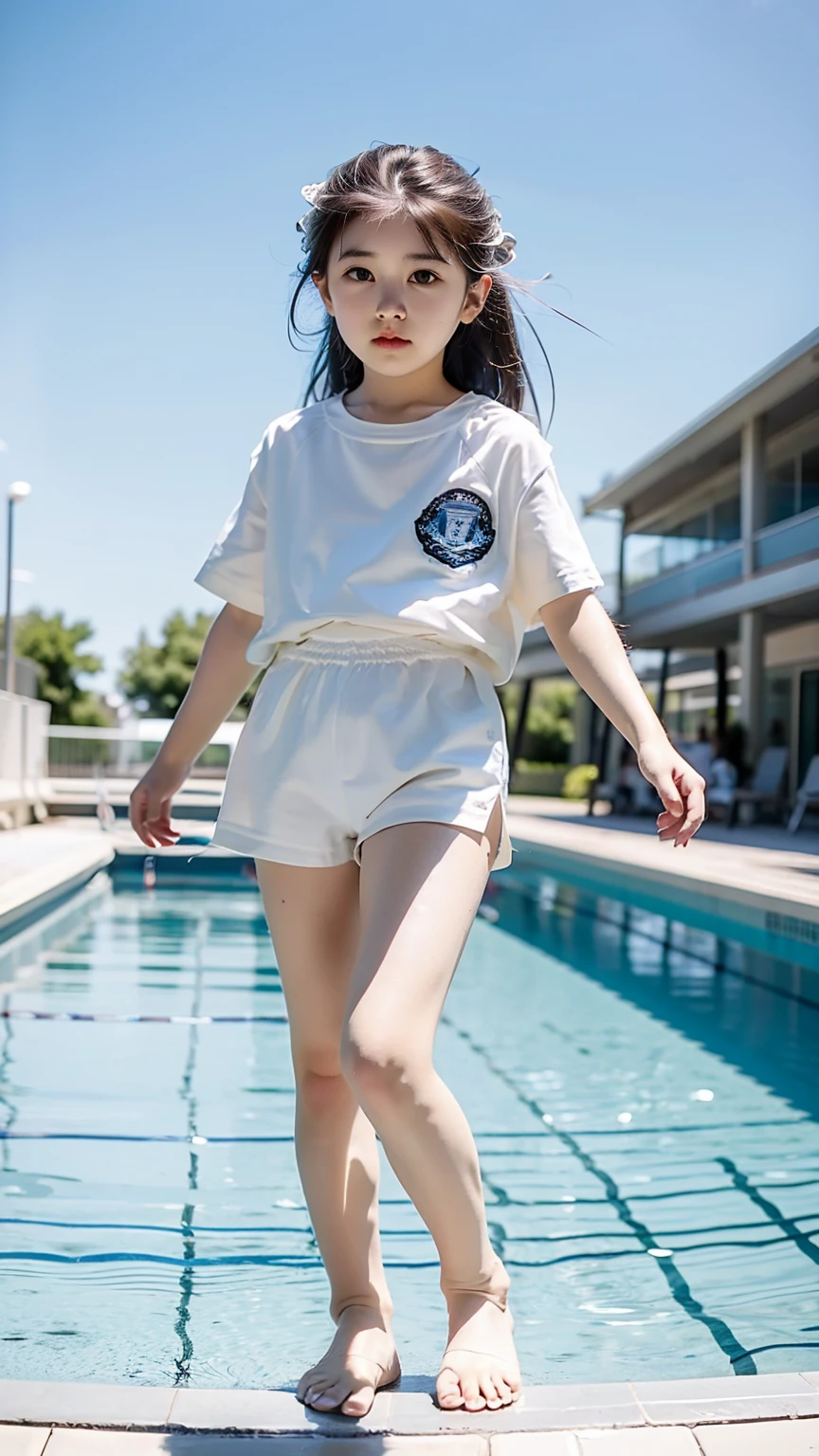 1 Girl, moyou,  face, White Background, School swimming pool, From the knee up, blue sky, In the pool