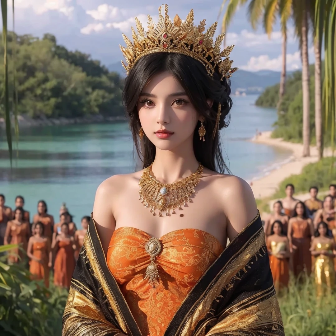 Beautiful girl, black hair, brown eyes, gold crown, gold necklace, orange and black dress