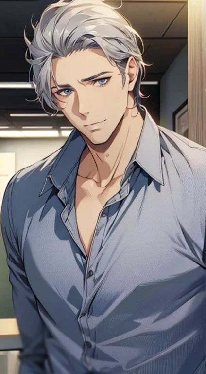 (best quality,4k,8k,highres,masterpiece:1.2),ultra-detailed,(realistic,photorealistic,photo-realistic:1.37),1 man,31 years old,mature man,very handsome,without expression,smile,short grey silver hair,blue eyes,penetrating gaze,perfect face without errors,imposing posture,businessman,office background,cinematic lighting,hdr image