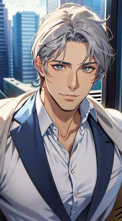 (best quality,4k,8k,highres,masterpiece:1.2),ultra-detailed,(realistic,photorealistic,photo-realistic:1.37),1 man,31 years old,mature man,very handsome,without expression,smile,short grey silver hair,blue eyes,penetrating gaze,perfect face without errors,imposing posture,businessman,office background,cinematic lighting,hdr image