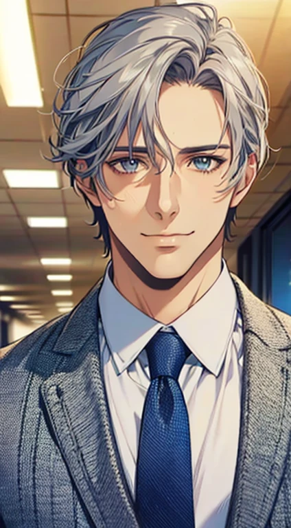 (best quality,4k,8k,highres,masterpiece:1.2),ultra-detailed,(realistic,photorealistic,photo-realistic:1.37),1 man,31 years old,mature man,very handsome,without expression,smile,short grey silver hair,blue eyes,penetrating gaze,perfect face without errors,imposing posture,businessman,office background,cinematic lighting,hdr image