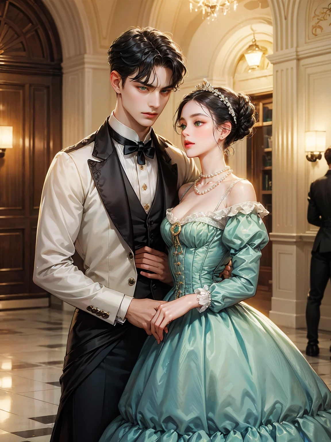 The girl has chignon black hair and green eyes. Victorian era unglued dress. She looks at the viewers. She is wearing a pearl necklace. Background inside of a hall