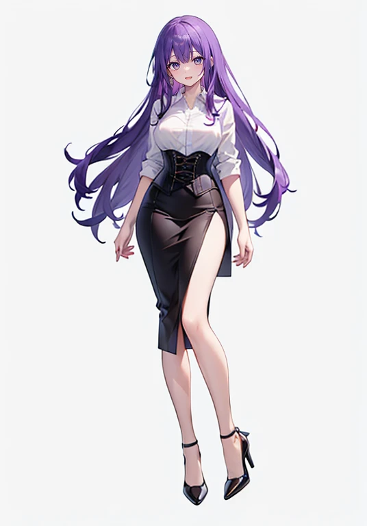 Purple hair,long hair,Adult female,suit,((White shirt)),((Rolling up your sleeves shirt)),(corset),(skirt),(slit),High heels,((Simple White background)),Smile,((Full body)),((whole body)),(((upright)))