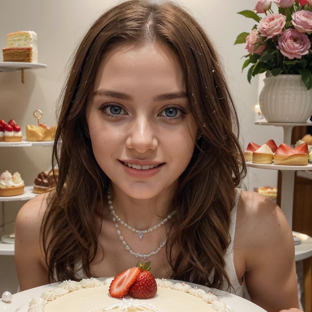 Beautiful blonde in a chic pastry shop, (surrounded by mouth-watering cakes and pastries. She wears an elegant dress and a pearl necklace, assise à une table décorée de fleurs. Léa cuts a slice of strawberry cake with a smile of pleasure, ready to savor this sweet moment. The bright colors of the desserts add a touch of joy and deliciousness to the scene.), very detailed, 21 ans, visage innocent, natural wavy hair, blue eye, high resolution, masterpiece, best quality, intricate details, very detailed, sharpness, detailed skin, realistic skin texture, texture, detailed eyes, professionnel, 4K, charming smile, shot with Canon, 85mm, shallow depth of field, Kodak Vision Color, corps parfaitement ajusté, extremely detailed, Photo_(ultra), photorealistic, realistic, post-traitement, Maximum details, roughness, real life, ultra realistic, photorealism, la photographie, 8k uh, la photographie.