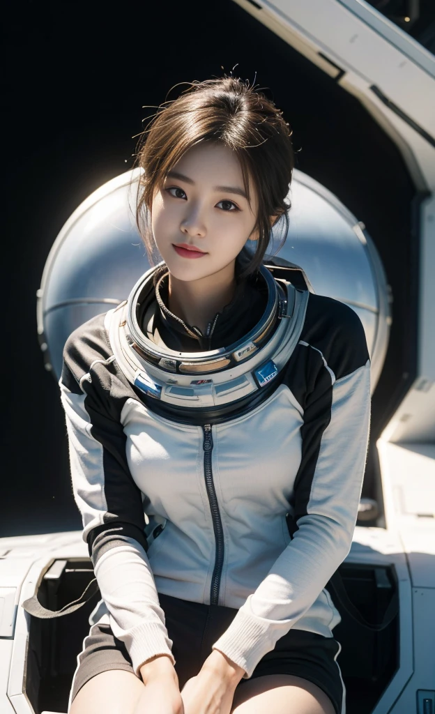 best quality、masterpiece、Ultra-high resolution、(real:1.4)、20 Years Old Beautiful Korean Woman１、Beautiful details of the eyes and skin、Light brown short hair、Little Smile、The perfect space suit、spaceship、remains、Space background