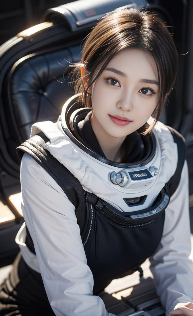 best quality、masterpiece、Ultra-high resolution、(real:1.4)、20 Years Old Beautiful Korean Woman1、Beautiful details of the eyes and skin、Light brown short hair、Little Smile、The perfect space suit、spaceship、remains、Space background