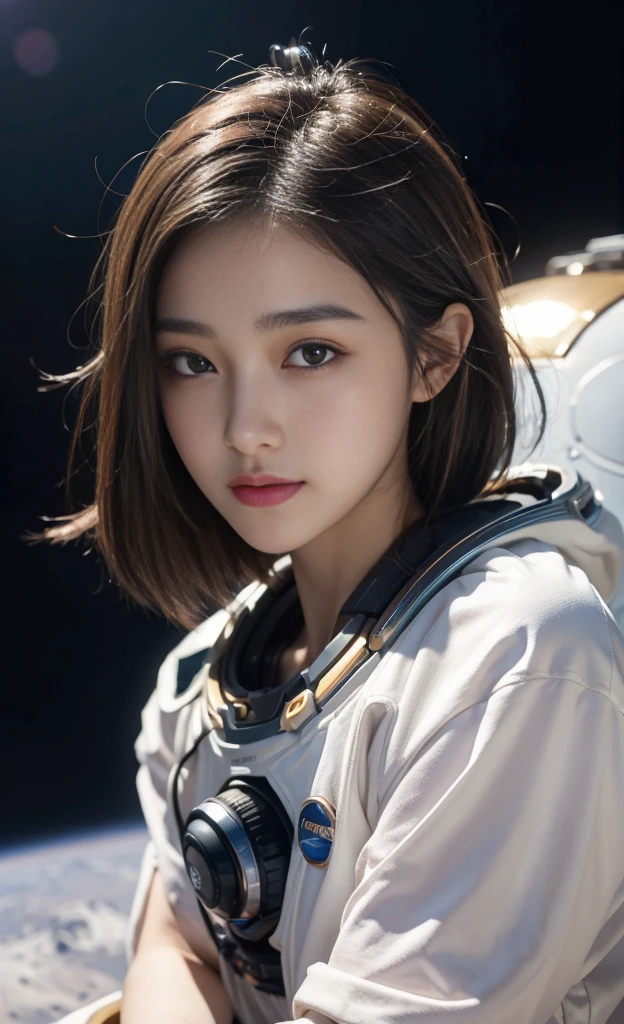 best quality、masterpiece、Ultra-high resolution、(real:1.4)、20 Years Old Beautiful Korean Woman1、Beautiful details of the eyes and skin、Light brown short hair、Little Smile、The perfect space suit、spaceship、remains、Space background