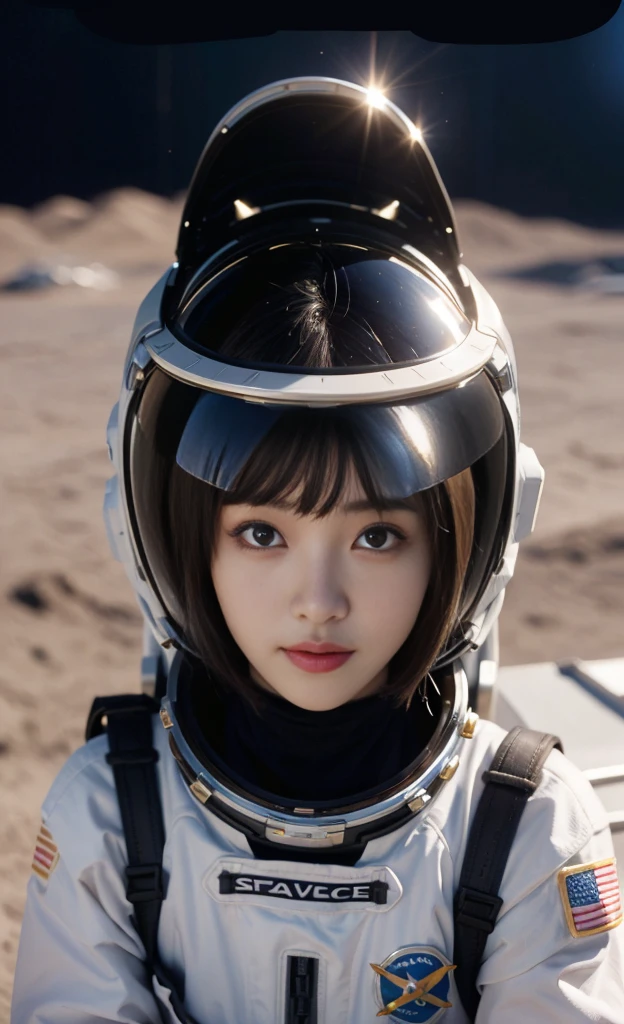 best quality、masterpiece、Ultra-high resolution、(real:1.4)、20 Years Old Beautiful Korean Woman1、Beautiful details of the eyes and skin、Light brown short hair、Little Smile、The perfect space suit、spaceship、remains、Space background