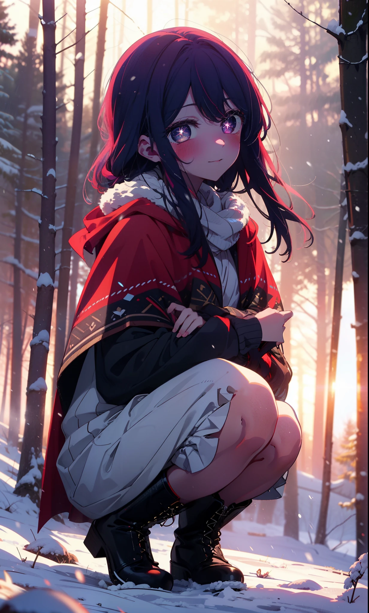 aihoshino, Ai Hoshino, Long Hair, bangs, (Purple eyes:1.1), Purple Hair, (Symbol-shaped pupil:1.5), smile,,smile,blush,White Breath,
Open your mouth,snow,Ground bonfire, Outdoor, boots, snowing, From the side, wood, suitcase, Cape, Blurred, , forest, White handbag, nature, Squat, Mouth closed, Cape, winter, Written boundary depth, Black shoes, red Cape break looking at viewer, Upper Body, whole body, break Outdoor, forest, nature, break (masterpiece:1.2), Highest quality, High resolution, unity 8k wallpaper, (shape:0.8), (Beautiful and beautiful eyes:1.6), Highly detailed face, Perfect lighting, Extremely detailed CG, (Perfect hands, Perfect Anatomy),
