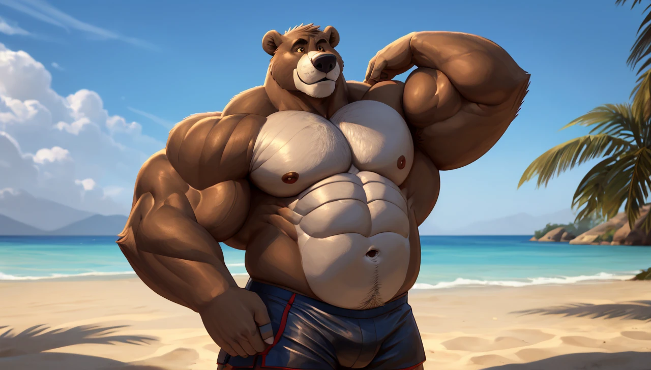 solo, 1boy, beach, size different, extremely huge muscular, massive muscular, Baloo, jungle book, grizzly bear, full-body, well-muscled bring shirtless in a black swim trunk shorts in beach. Flexing his arms. ((extremely muscle size, super thick arms, huge bidy, thick brown fur, extremely wide body and shoulder , huge arms)). and add details to make it attractive and interesting. Add textures and details to make the image more realistic, such as the appearance of the shirt texture and the appearance of the skin. Make sure the resulting image is high resolution, 8K quality.", simple background, masterpiece, high detailed, 8k, high resolution