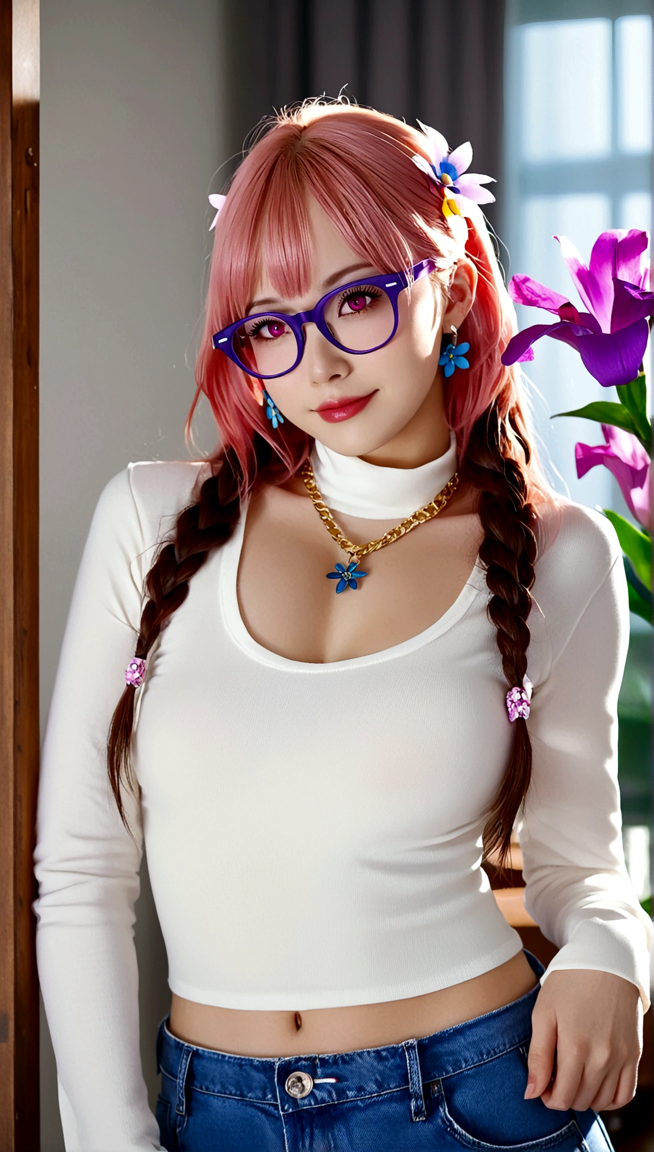 1girl, solo, long hair, breasts, looking at viewer, smile, bangs, shirt, hair ornament, long sleeves, bare shoulders, jewelry, medium breasts, very long hair, closed mouth, standing, purple eyes, white shirt, pink hair, flower, cowboy shot, earrings, detached sleeves, glasses, pants, indoors, hair flower, pink eyes, necklace, bracelet, window, turtleneck, thigh gap, denim, semi-rimless eyewear, red-framed eyewear, under-rim eyewear, jeans, blue pants