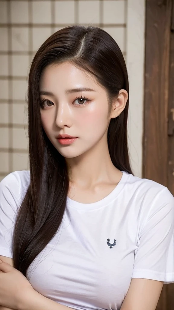 close-up of beautiful korean female, 34 inch breasts size, slicked hair back, wearing t-shirt, hugging goat, in the goat farm, UHD