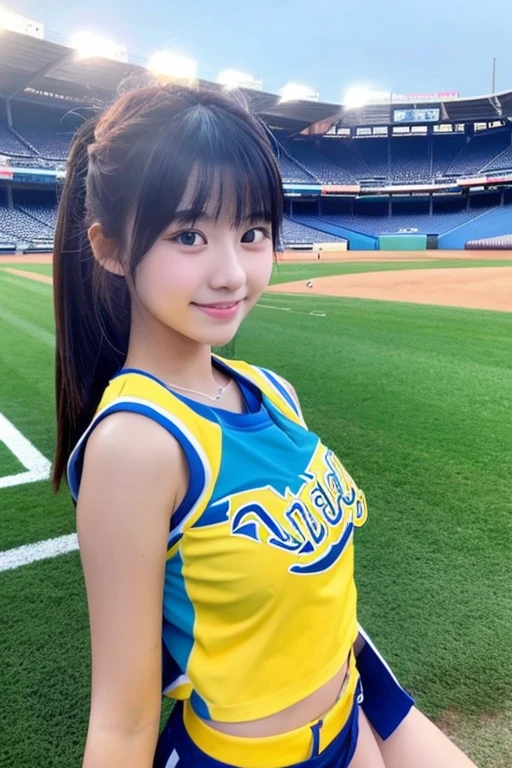 university student、girl、20-year-old、very cute、Cute hairstyle、Cheer Dance、baseball Ground、game、Great success、Blue and Yellow、Too much exposure、Big Breasts、