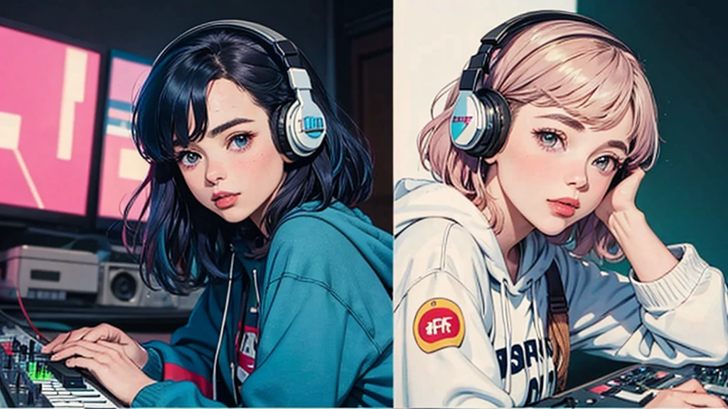 Beautiful young woman, Erin Moriarty pairing:0.7, joey king:0.5, Sydney Sweeney:0.4 full-body portraits, Illustrator, anime , Realistic ,sketch , 1 Girl, ,lip, hoodie,order, Blue gradient background, Neon Hair,Textured Trim, Canadian, (masterpiece,Highest quality), lofi, Battle DJ girl in HIPHOP fashion wearing DJ headphones,Upper Body