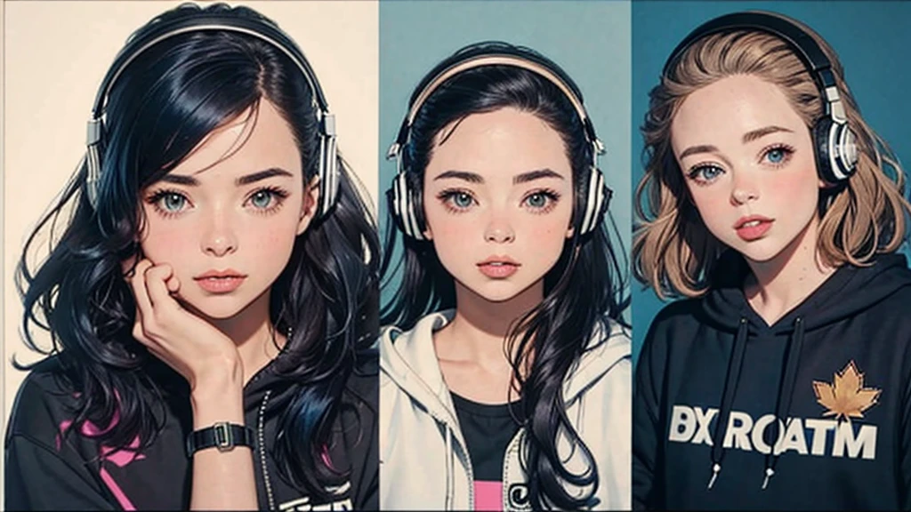 Beautiful young woman, Erin Moriarty pairing:0.7, joey king:0.5, Sydney Sweeney:0.4 full-body portraits, Illustrator, anime , Realistic ,sketch , 1 Girl, ,lip, hoodie,order, Blue gradient background, Neon Hair,Textured Trim, Canadian, (masterpiece,Highest quality), lofi, Battle DJ girl in HIPHOP fashion wearing DJ headphones,Upper Body