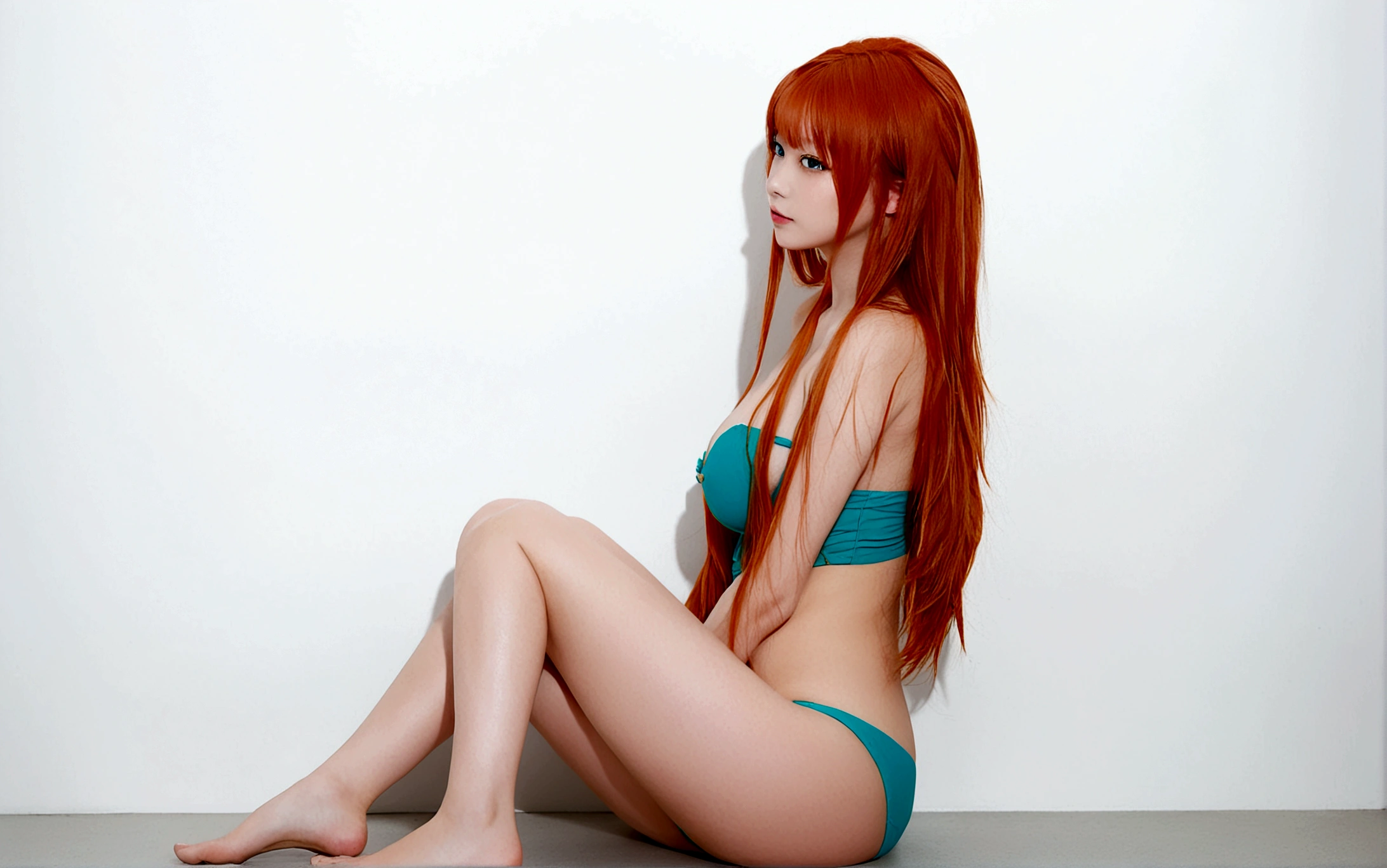 1girl, solo, long hair, breasts, looking at viewer, blush, bangs, white background, bare shoulders, medium breasts, sitting, orange hair, from side, aqua eyes, sideboob, hugging own legs