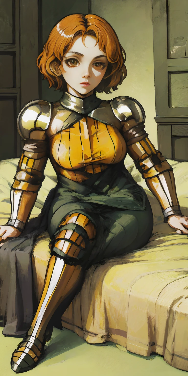 Female funger sitting on bed, very detailed illustration, 1sologirl, big breasts, highres, high quality, masterpiece, looking at viewer (female knight), orange short hair, absurdres, ultra-detailed