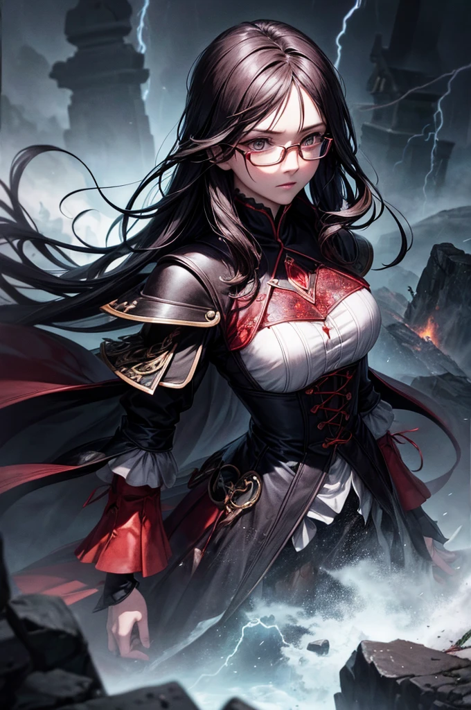 Herrscher of the Three Thunders，Half frame glasses，Thunderstorm night，Blood，Surrealism，Extremely detailed，complex，（Very detailed CG Unity 8k wallpaper）（Best quality），（Best Illustration），（The best shadow），High Definition Details，High Dynamic Range，masterpiece，Grandmaster