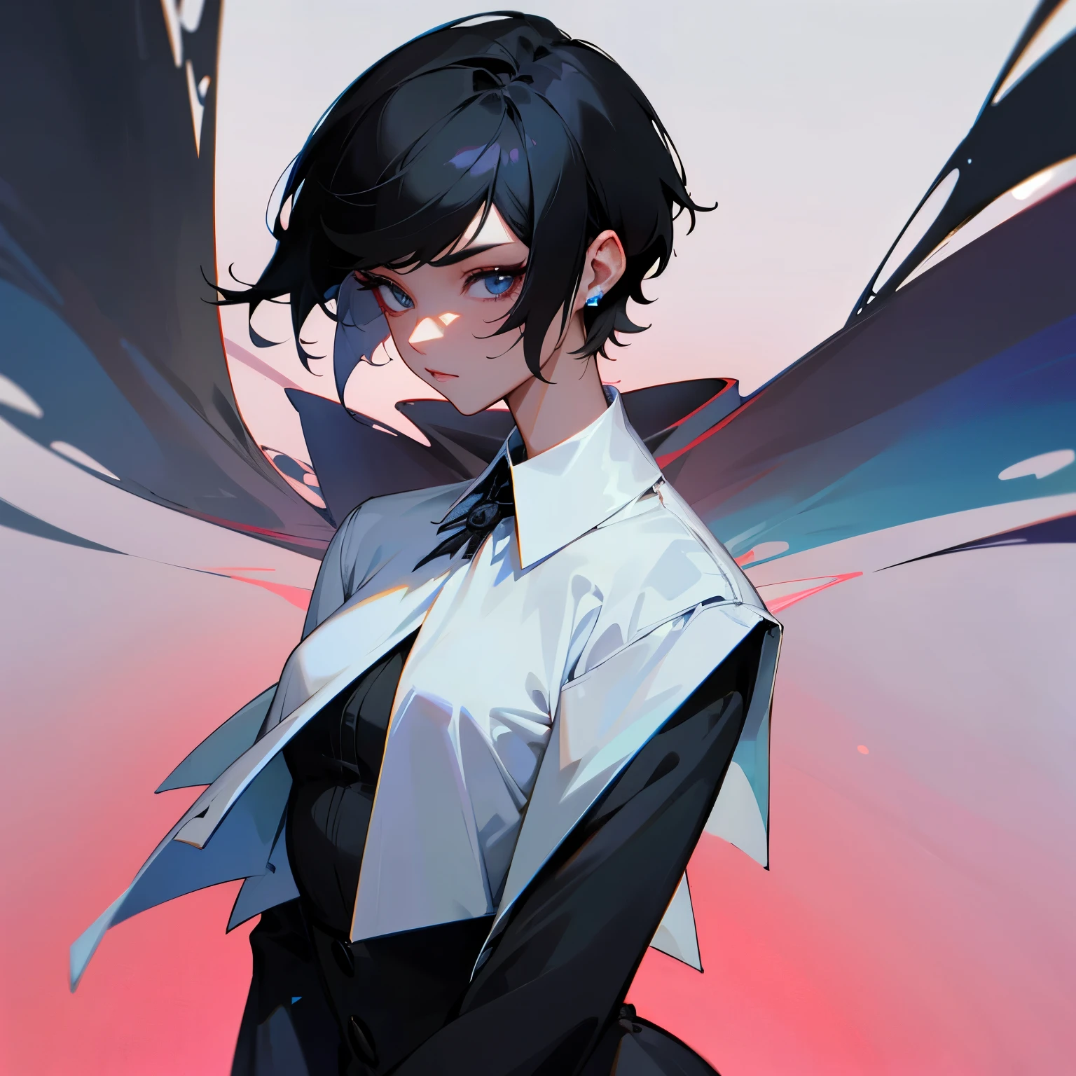 Female, beautiful, short black hair, has a tattoo on her neck, elegant clothes, cool, stylish, high image quality, formal