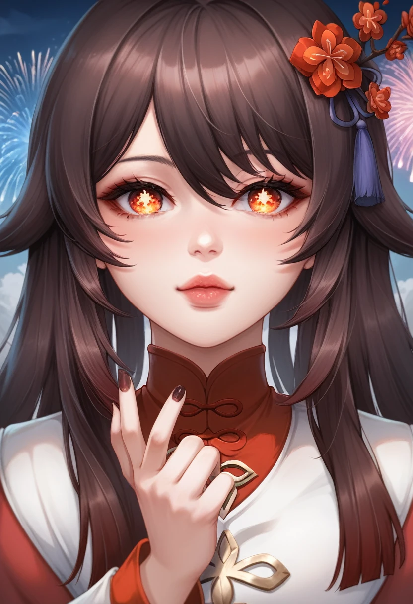 best quality, medieval, solo girl, 4k, high resolution , anime girl , young girl, 24 years old, bangs, long hair, cute face, perfect shot, perfect anatomy, detailed face, detailed eyes, chinese port at night background , chinese new year, fireworks, tall girl, 2 girls, realistic, 4k , masterpiece, best quality , ilustration, digital art, hu tao, genshin impact, full body, close up, first person view, , standing, pov, kiss, kissing pov, inminent kiss, eyes close