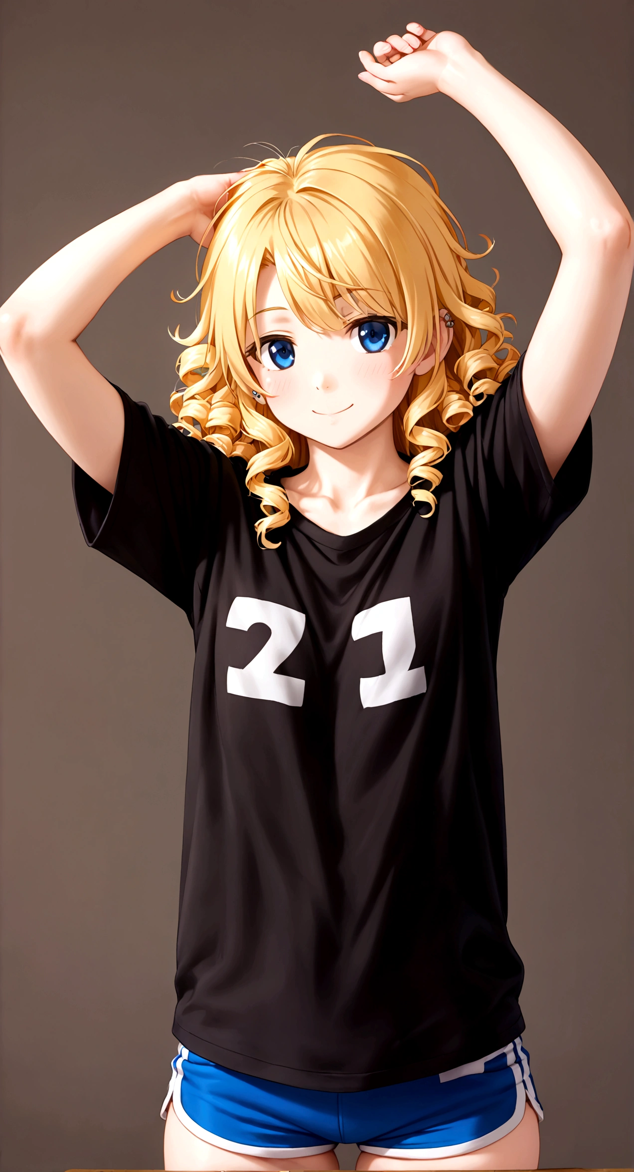 ((Generate a hyper-realistic half-length portrait of a captivating scene featuring a stunning 20-year-old girl,)) ((semi lateral view,)) with medium long blonde hair, loose curls, a small smile, with sports shorts and a black shirt. ((with his arms raised playing with his hair,)) piercing, blue eyes, medium chest, photography style , extremely realistic, ,real photo,Tespero