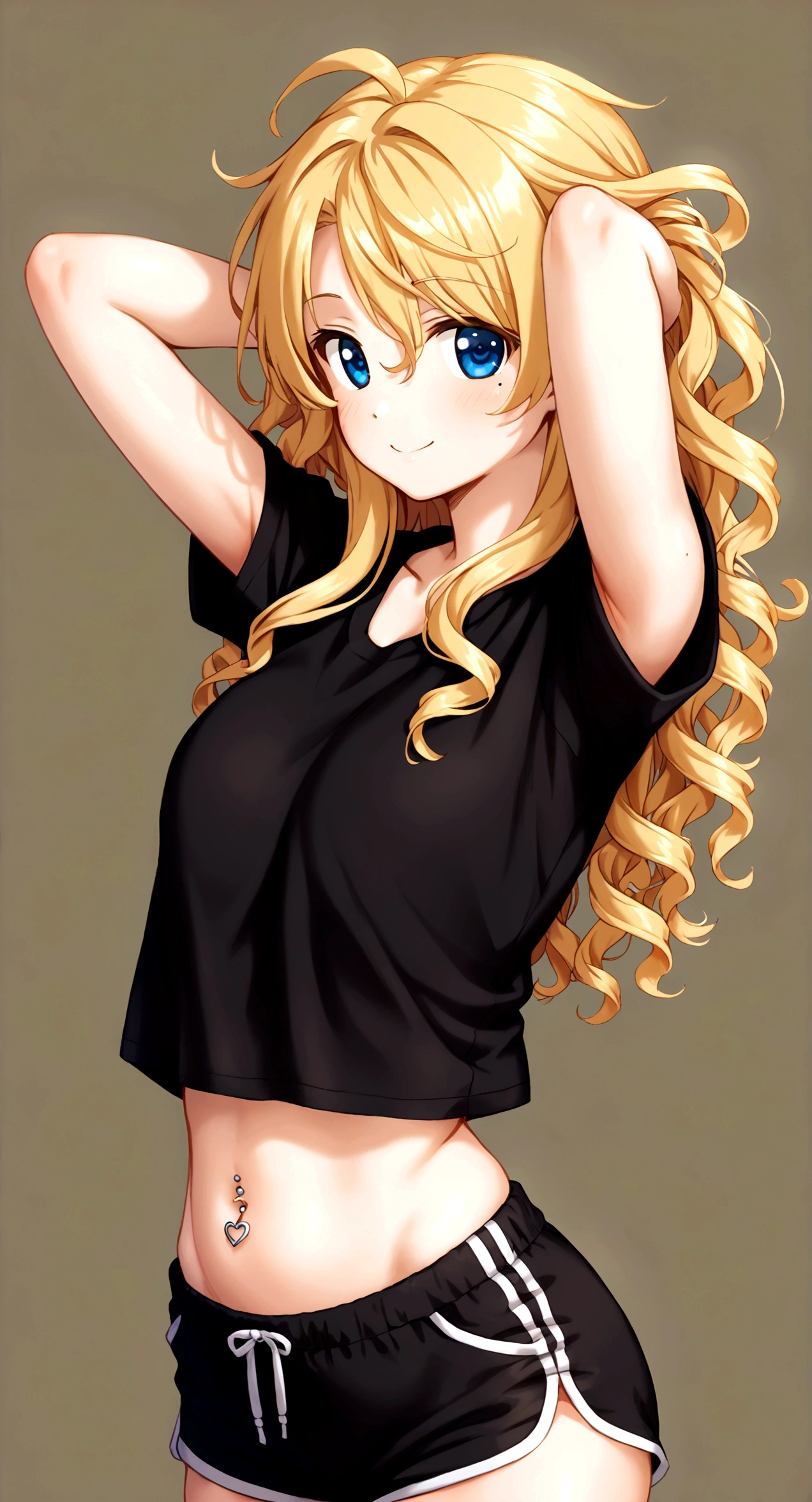 ((Generate a hyper-realistic half-length portrait of a captivating scene featuring a stunning 20-year-old girl,)) ((semi lateral view,)) with medium long blonde hair, loose curls, a small smile, with sports shorts and a black shirt. ((with his arms raised playing with his hair,)) piercing, blue eyes, medium chest, photography style , extremely realistic, ,real photo,Tespero