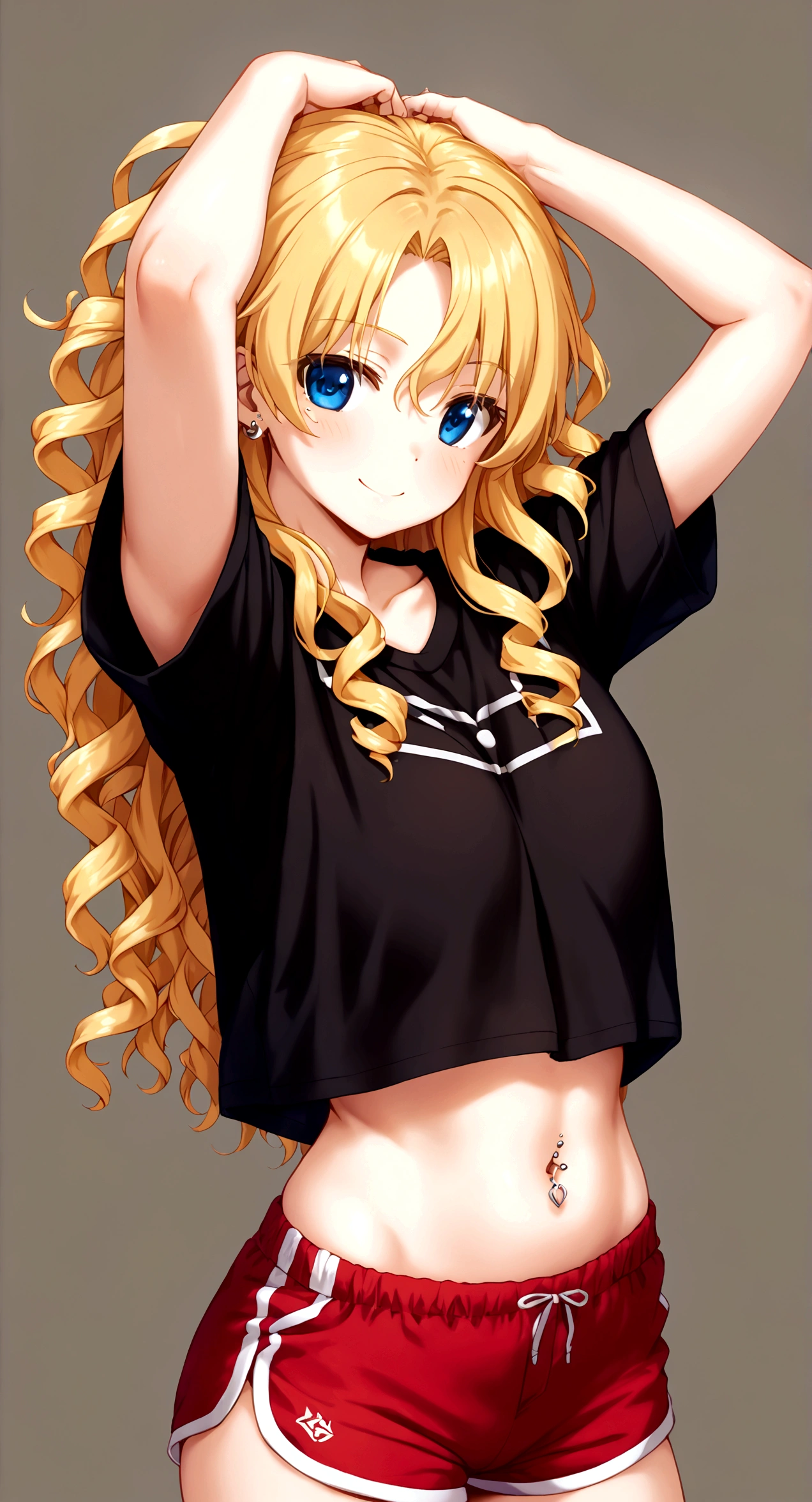 ((Generate a hyper-realistic half-length portrait of a captivating scene featuring a stunning 20-year-old girl,)) ((semi lateral view,)) with medium long blonde hair, loose curls, a small smile, with sports shorts and a black shirt. ((with his arms raised playing with his hair,)) piercing, blue eyes, medium chest, photography style , extremely realistic, ,real photo,Tespero