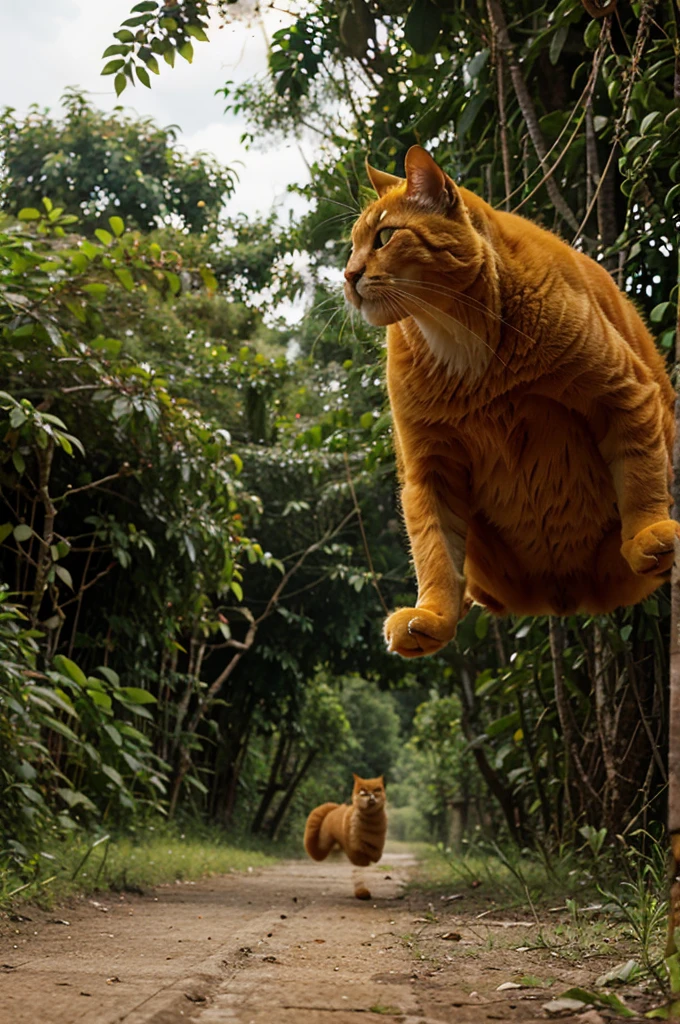 A fat orange cat, running in the jungle, front view, dramatic scene, airborne.