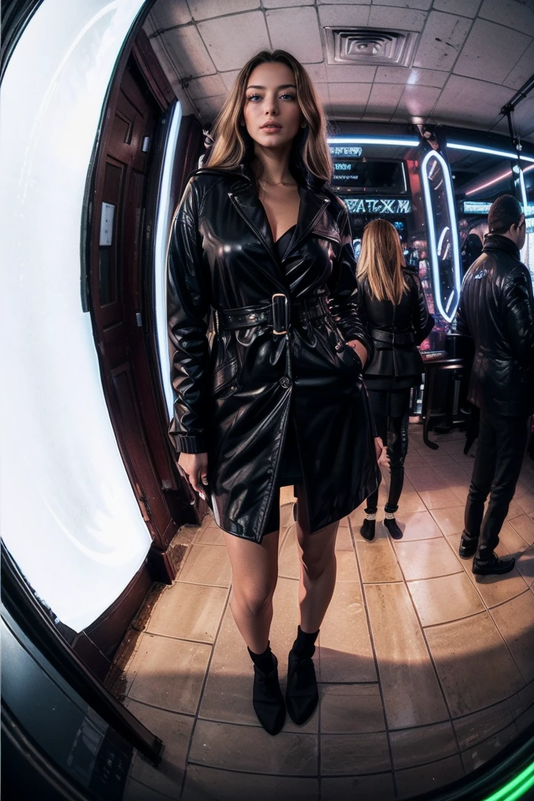 real lighting, Best Quality, realistic photo, (8k, Best Quality, Masterpiece:1.2), ultra detail, Fisheye Slider, fisheye effect, sofia diamond, standing, on the cover of a magazine, cover photo, matrix black coat, lingerie, v cadena, socks, whole body, nightclub, people, neon light,