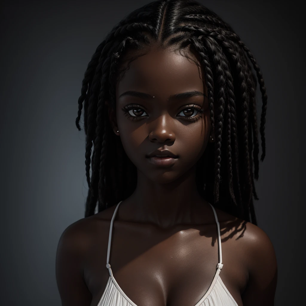 cute ager, small cornrow hair, detailed dark skin, ray tracing, good lighting, deep ebony, African, showing large breasts, looking at viewer, seductive look, SFW