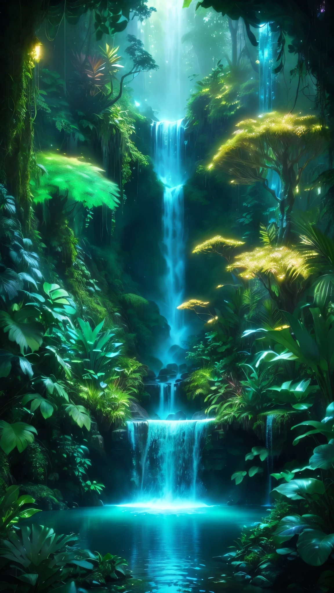 a waterfall in a forest with a waterfall in the middle, fantasy magical vegetation, fantasy jungle, 4k highly detailed digital art, 4k fantasy art, detailed fantasy digital art, deep jungle from another world, magical forest backround, forest and waterfall, beautiful art uhd 4 k, 8k high quality detailed art, 4k detailed digital art, beautiful jungle