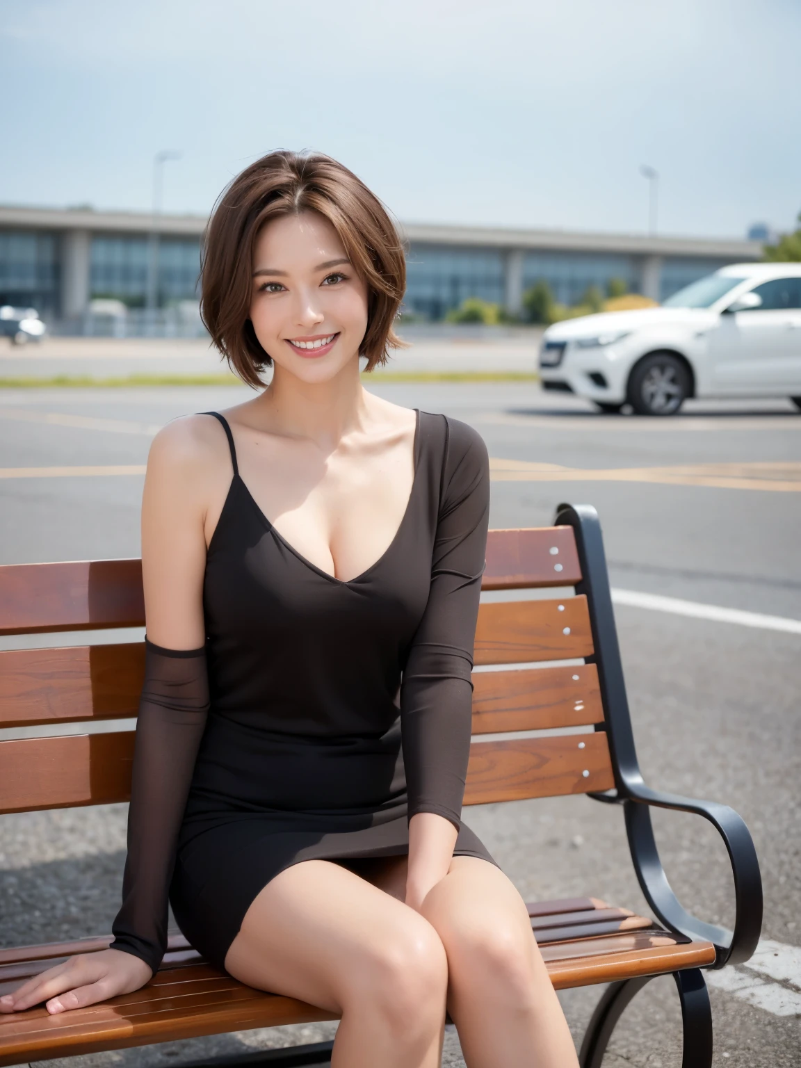 最high quality, In 8K, Masseter region, Vibrant, Sharp focus, high quality, High resolution, Detailed face, Fine grain, Thick lips, (Looking at the audience), alone, Beautiful woman, age 34, plum, Cleavage, (Black Business Suit),(Black pumps)、 afternoon、In front of the runway at Haneda Airport,Sit on the bench with your feet together:1.5、((Very short brown hair:1.5))、((smile:1.5))、(standard body type)、(Slightly slim legs:1.1)