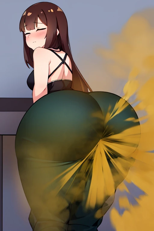 One woman,bangs,Look at the viewer Turn your tail towards me,Women stink,fart,long hair,Make a fart noise,A huge, Huge ass,Brown Hair,Are sleeping,pants,Light,Revealing clothing,Introvert girl