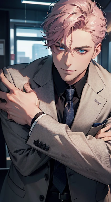 (best quality,4k,8k,highres,masterpiece:1.2),ultra-detailed,(realistic,photorealistic,photo-realistic:1.37),1 man,31 years old,mature man,very handsome,without expression,smile,short grey pink hair,blue eyes,penetrating gaze,perfect face without errors,imposing posture,businessman,office background,cinematic lighting,hdr image